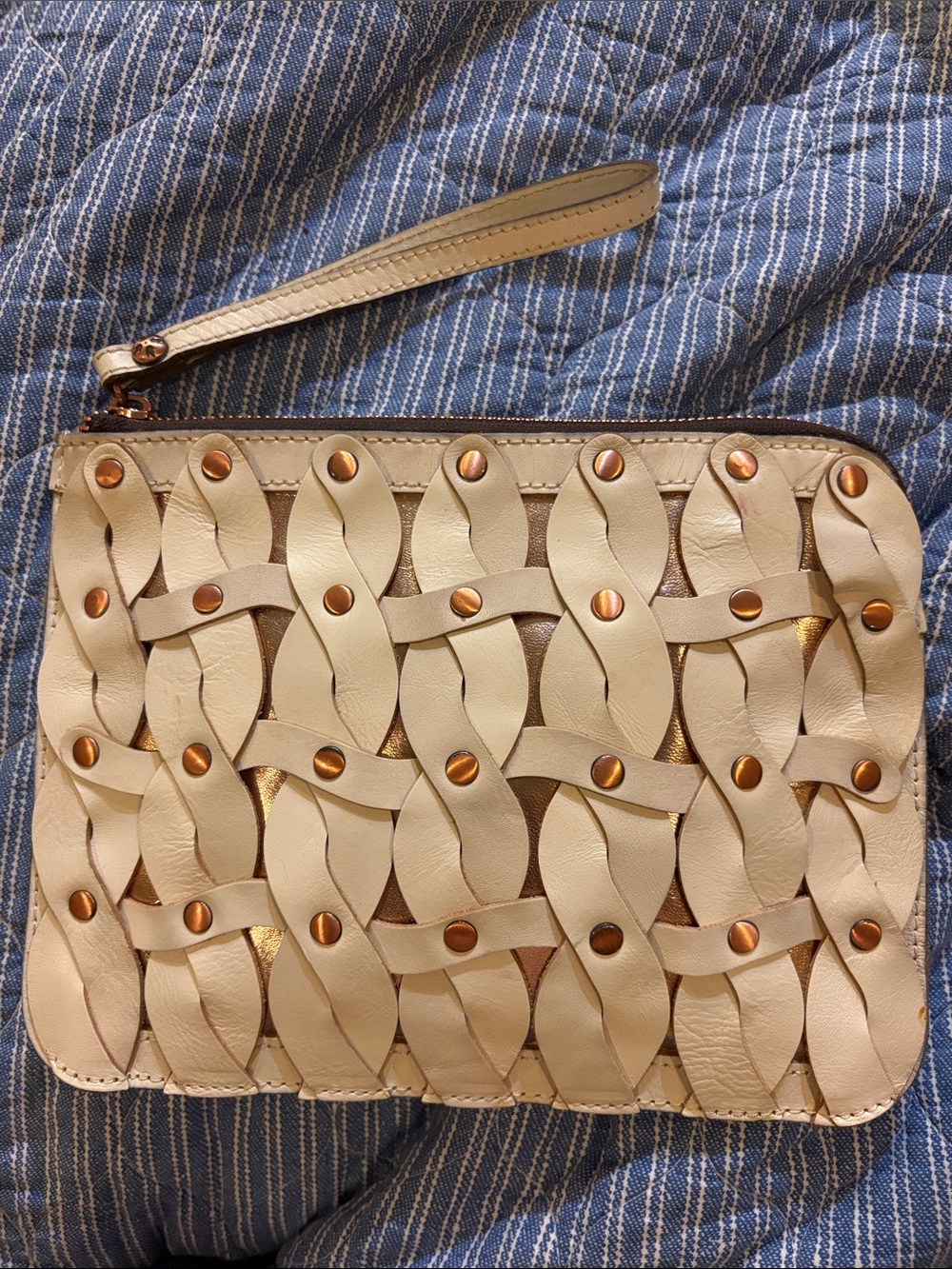 Patricia Nash Woven cream Leather /Bronze colored studded Wristlet Clutch